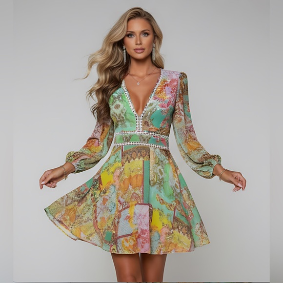 Boho Floral & Paisley Plunging Neck Dress - Picture 1 of 5